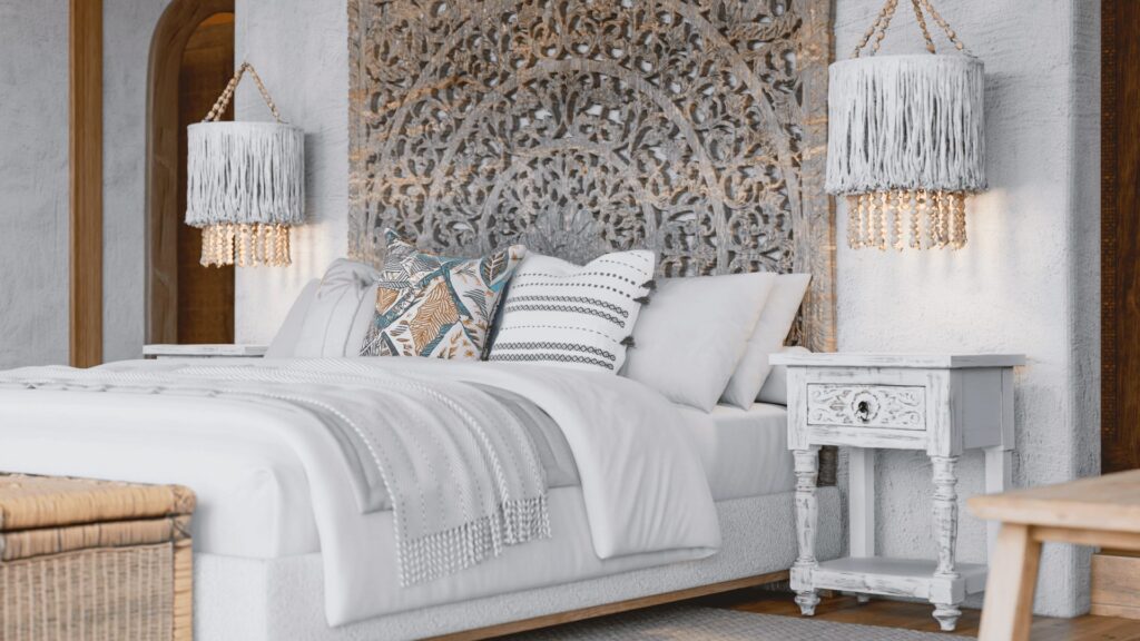 Bedroom at Serenity Villa with a patterned feature wall and beaded pendant lights