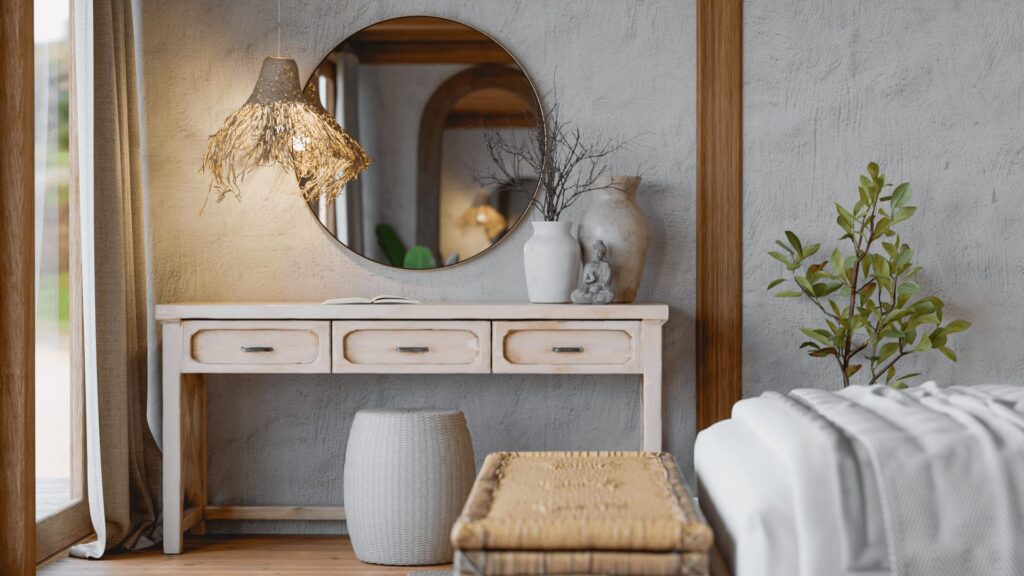Console table and round mirror in a Serenity Villa bedroom, with a woven pendant above