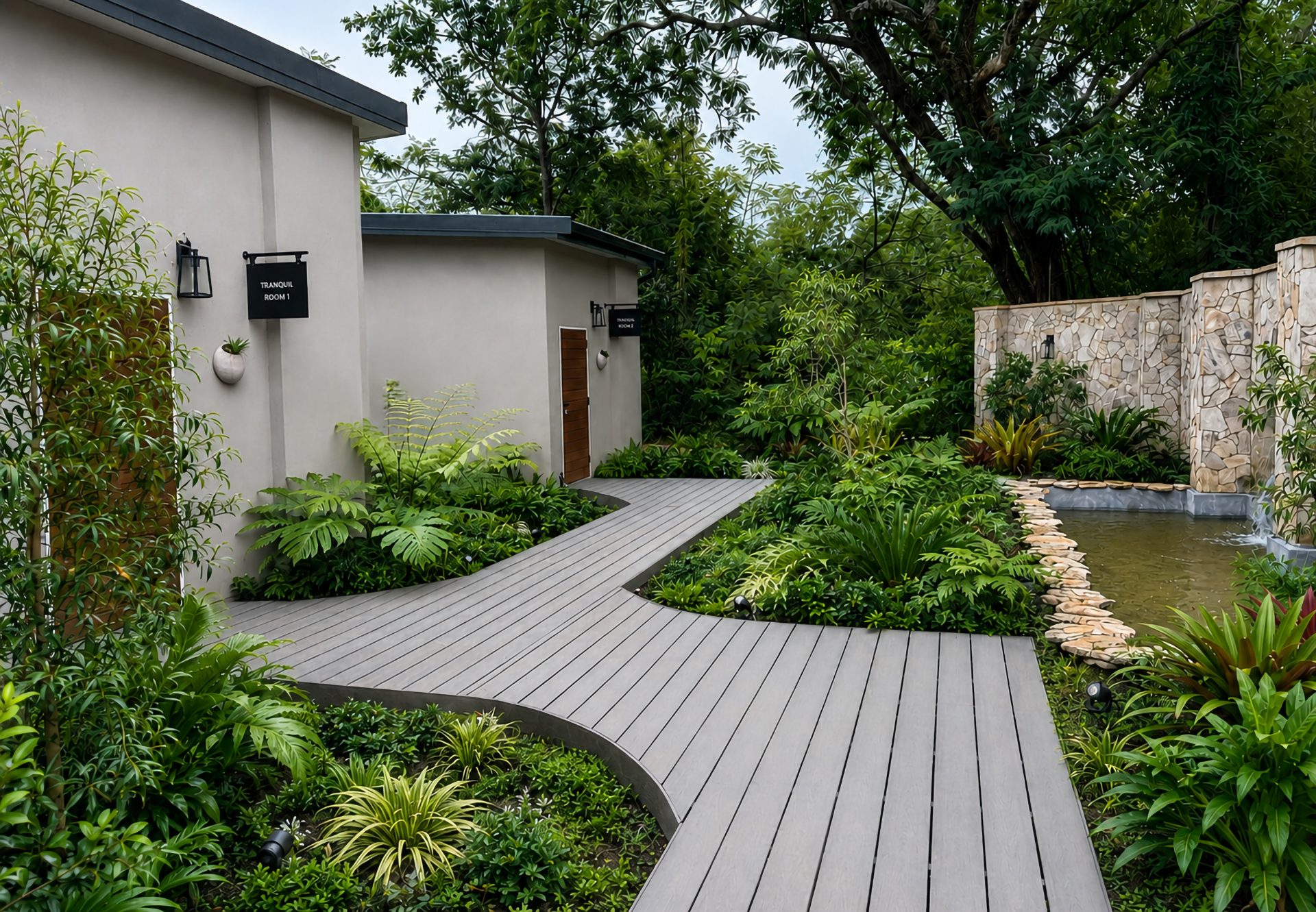 Timber walkway at The Ark winding through dense planting to a treatment suite
