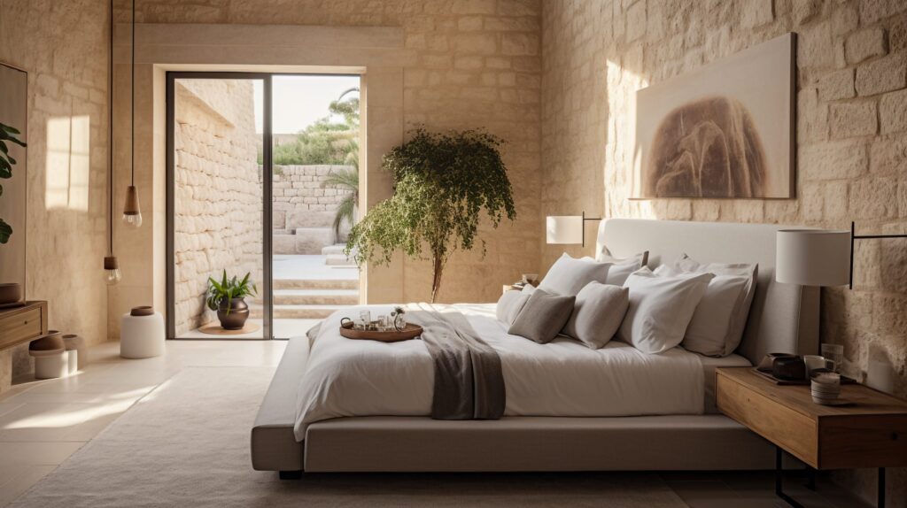 Villa Malta seating area framed by limestone walls and a long view out