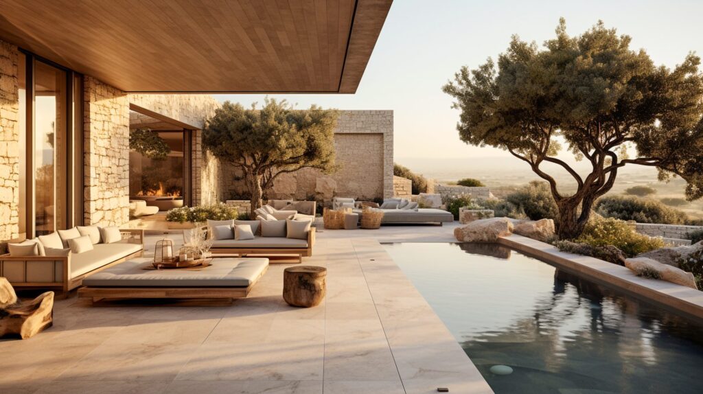 Villa Malta interior with a stone floor and layered neutral furnishings